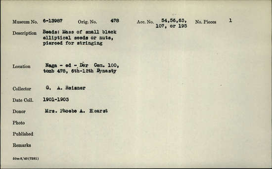 Documentation associated with Hearst Museum object titled Seed beads, accession number 6-13987, described as Beads: Mass of small black elliptical seeds or nuts, pierced for stringing. [inv.: some original string, piece count: 100+]