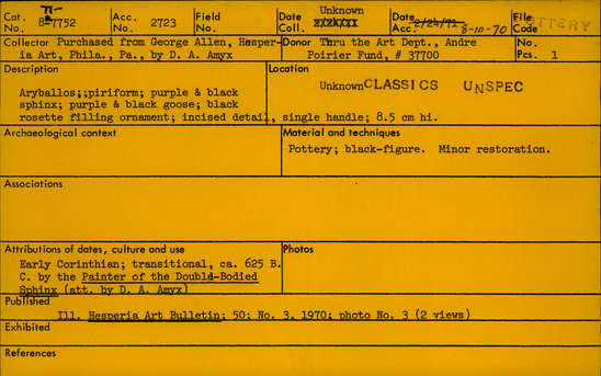 Documentation associated with Hearst Museum object titled Aryballos, accession number 8-7752, described as Aryballos; piriform; purple and black sphinx; purple and black goose; black rosette filling ornament; incised detail, single handle.
