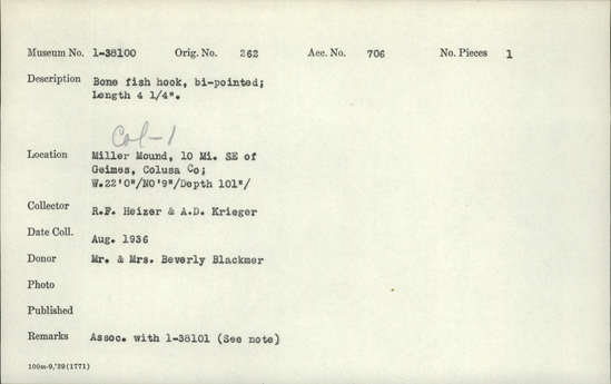 Documentation associated with Hearst Museum object titled Fishhook, accession number 1-38100, described as Bone, bi-pointed, half darkened.