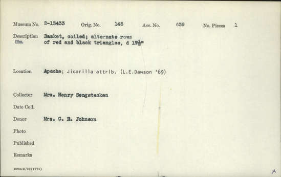 Documentation associated with Hearst Museum object titled Basket, accession number 2-13433, described as Coiled, alternate rows of red and black triangles.