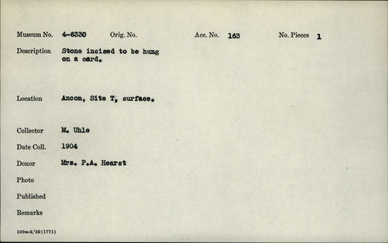 Documentation associated with Hearst Museum object titled Worked stone, accession number 4-6330, no description available.