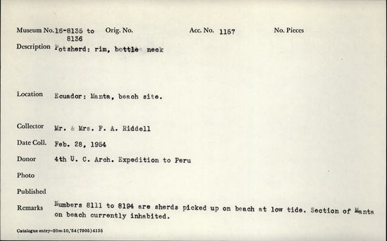 Documentation associated with Hearst Museum object titled Potsherd, accession number 16-8136, described as Potsherd; rim, bottle neck. Numbers  8111 to 8194 are sherds picked up on beach at low tide. Section of Manta on Beach currently inhabited.