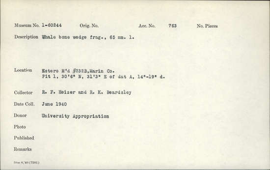 Documentation associated with Hearst Museum object titled Wedge fragment, accession number 1-60244, described as Whale bone. Notice: Image restricted due to its potentially sensitive nature. Contact Museum to request access.