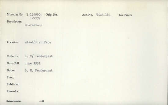 Documentation associated with Hearst Museum object titled Charmstone, accession number 1-129994, described as Charmstone.