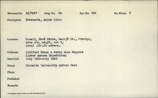 Documentation associated with Hearst Museum object titled Potsherds, accession number 16-7437, described as Potsherds, Anjos plain