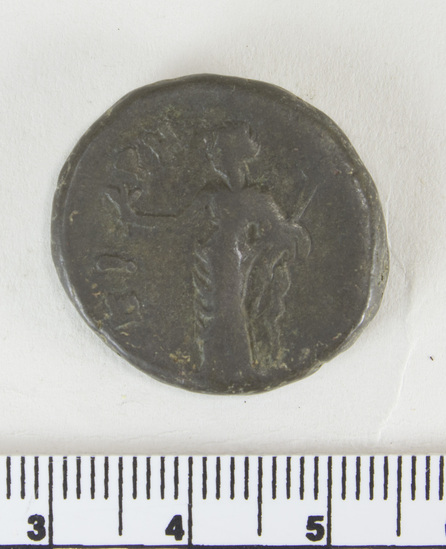 Hearst Museum object 2 of 6 titled Coin: billon tetradrachm, accession number 6-22589, described as obverse: head of Vespasian, right. laureate reverse: eirene standing left