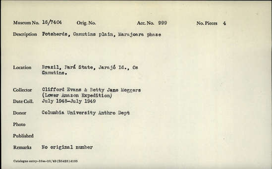 Documentation associated with Hearst Museum object titled Potsherds, accession number 16-7404, described as Potsherds, Camutins plain, Marajoara phase