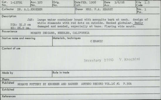 Documentation associated with Hearst Museum object titled Jar, accession number 1-13791, described as Large water container bound with mesquite bark at neck.  Design of white diamonds with red dots on outside.  Necked globular.  Badly damaged and mended, especially at base.  Flaring wide mouth.  Ceramic.