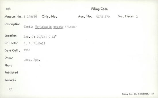 Documentation associated with Hearst Museum object titled Shell, accession number 1-148684, described as Goniobasis occata (Hinds).