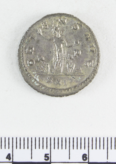 Hearst Museum object 8 of 8 titled Coin: billon antoninianus, accession number 8-4038, described as Coin; AG; Billon. Antoninianus; Roman. Aurelian, 270-275 AD. Obverse: IMP AVRELIANVS AVG, Bust r. radiate. Reverse: ORIENS AVG, Sol standing holding globe between two captives, IP, XXI* in field