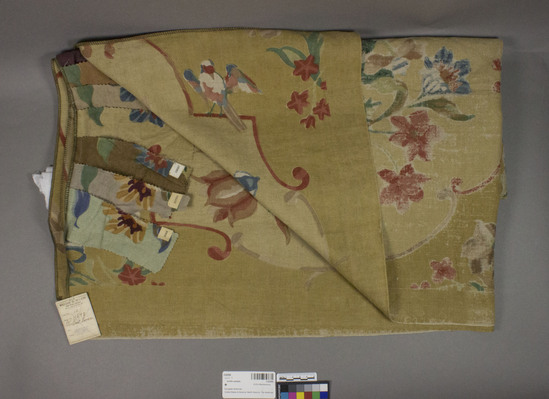 Hearst Museum object titled Textile sample, accession number 2-62595, described as Yardage; linen, plain weave, printed, yellow ground, varicolored designs, floral and bird motives, 7 sample swatches attached