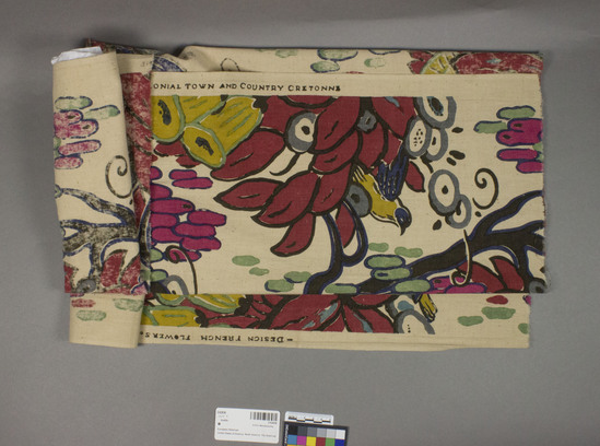 Hearst Museum object titled Textile, accession number 2-62630, described as Strip; cotton, plain weave, printed, white ground, varicolored designs, “Colonial Town and Country Cretonne,” design names “French Flowers”