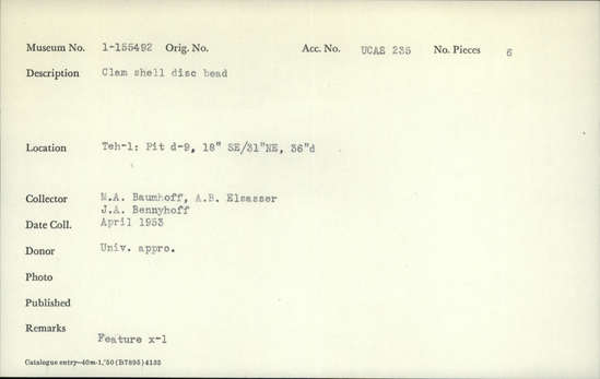 Documentation associated with Hearst Museum object titled Beads, accession number 1-155492, described as Clam shell disc.