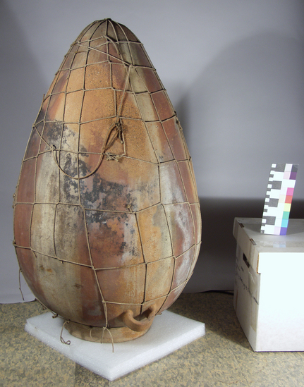 Hearst Museum object 2 of 4 titled Vessel, accession number 4-6227, described as Extra large pottery vessel, bottom painted; painted with red stripes to resemble a melon