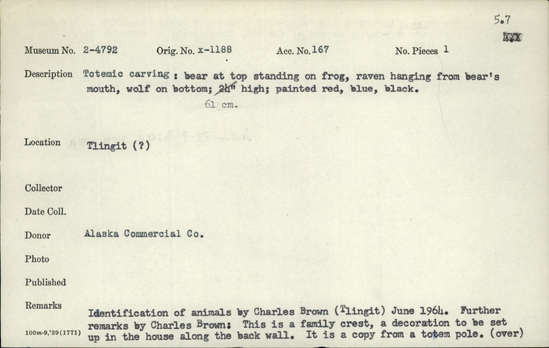 Documentation associated with Hearst Museum object titled Totemic carving, accession number 2-4792, described as Bear at top standing on frog, raven hanging from mouth of bear, wolf on bottom; painted red, blue, and black. Identification of animals by Charles Brown, June 1964.