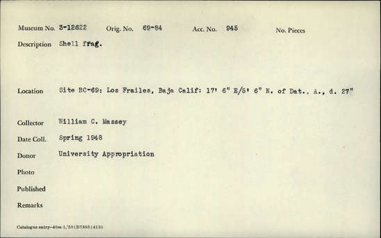 Documentation associated with Hearst Museum object titled Shell fragment, accession number 3-12622, described as Shell fragment.