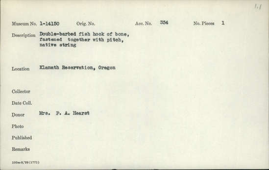 Documentation associated with Hearst Museum object titled Fishhook, accession number 1-14150, described as Double-barbed fishhook of bone, fastened together with pitch, native string.