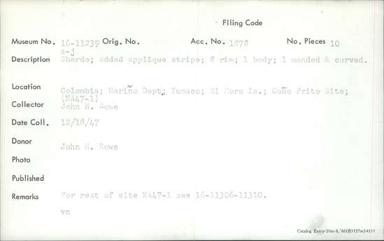 Documentation associated with Hearst Museum object titled Potsherd, accession number 16-11239h, described as Sherds, added applique strips, 8 rim, 1 body, 1 mended and curved.