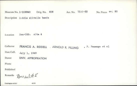 Documentation associated with Hearst Museum object titled Beads, accession number 1-106840, described as Saddle olivella beads. Notice: Image restricted due to its potentially sensitive nature. Contact Museum to request access.