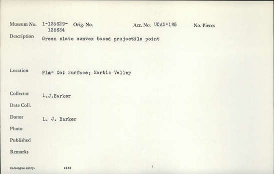 Documentation associated with Hearst Museum object titled Projectile point, accession number 1-135634, described as Green slate, convex-based projectile point.