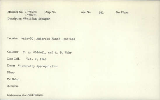 Documentation associated with Hearst Museum object titled Scraper, accession number 1-78720, described as Obsidian.
