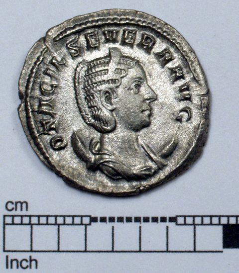 Hearst Museum object titled Coin: billon antoninianus, accession number 8-7534, described as Obverse description: Inscription: OTA SEVERA AVG. Bust facing right on crescent, draped. Reverse: CONCORDIA AVGG. Concordia seated left, holding patera and cornucopiae at left altar.