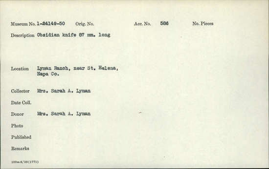 Documentation associated with Hearst Museum object titled Knife, accession number 1-24150, described as obsidian knife 87 mm. long