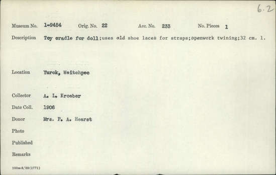 Documentation associated with Hearst Museum object titled Cradle toy, accession number 1-9454, described as Uses old shoe laces for straps, openwork twining.
