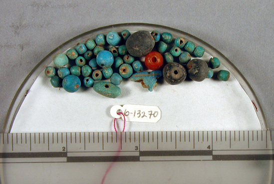 Hearst Museum object 1 of 2 titled Beads, accession number 6-13270, described as Beads: 41 blue spherical (ball) 3 black spherical (ball), 2 blue, 1 carnelian spherical (ball), original piece count: 46?