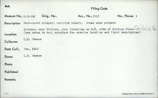 Documentation associated with Hearst Museum object titled Scraper, accession number 2-36998, described as Snub-nosed scraper; purplish basalt, shows wear pattern