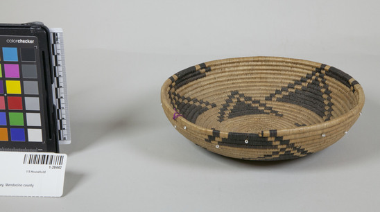 Hearst Museum object 2 of 2 titled Basket, accession number 1-28442, described as Coiled basket.  Triangular design, white beads.