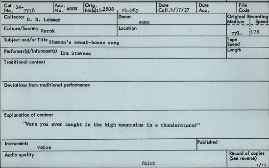 Documentation associated with Hearst Museum object titled Audio recording, accession number 24-2718, described as Shaman's Sweat-House Song