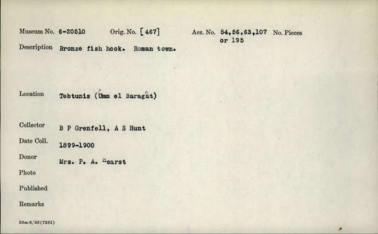 Documentation associated with Hearst Museum object titled Fishhook, accession number 6-20510, described as Bronze fish hook.