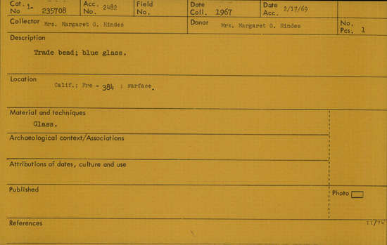 Documentation associated with Hearst Museum object titled Bead, accession number 1-235708, described as Trade bead; blue glass.