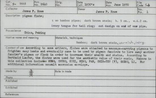 Documentation associated with Hearst Museum object titled Pigeon flute, accession number 9-9648, described as pigeon flute; 2 bamboo pipes; dark brown stain; ht. 5 cm., w. 4.2 cmivory tongue for tail ring; cut design on end of one pipe