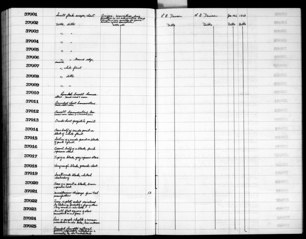 Documentation associated with Hearst Museum object titled Core, accession number 2-37012, described as Basalt hammerstone; less used and worn than 2-37010 and 37011