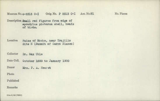 Documentation associated with Hearst Museum object titled Figures, accession number 4-2313b, described as Small red figures from edge of Spondylus pictorum shell, body and wings of birds.