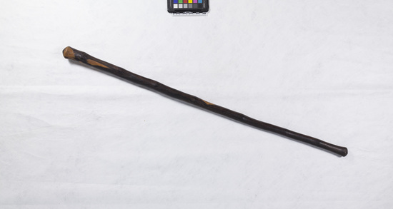 Hearst Museum object titled Walking stick, accession number 5-5986, described as Walking stick -Knobkerrie (?); ebony; knobbed at both ends; tapers to base; L. 91.1 cm.