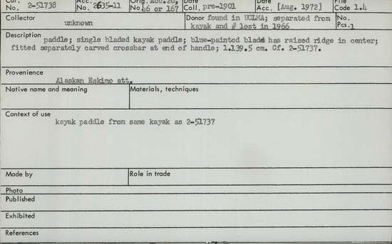 Documentation associated with Hearst Museum object titled Paddle, accession number 2-51738, described as Single-bladed kayak paddle; blue painted blade has raised ridge in center; fitted separately carved crossbar at end of handle.