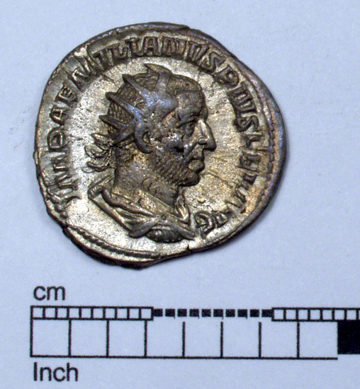 Hearst Museum object 1 of 8 titled Coin: billon antoninianus, accession number 8-4374, described as Coin; Billon; Antoninianus; Roman. 3.25 grams, 22 mm. Aemilian, 253-254. Obverse: IMP AEMILIANVS PIVS FEL AVG, bust r. radiate, draped, cuirassed. Reverse: VICTORIA AVG, Victory standing l.