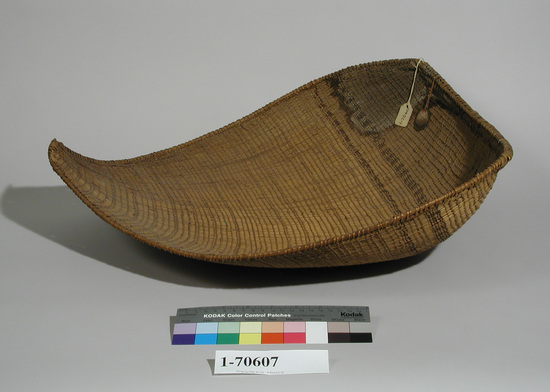 Hearst Museum object titled Basket, accession number 1-70607, described as Open twining over 2 warps.