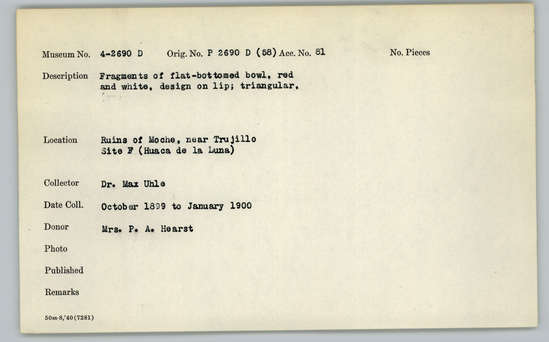 Documentation associated with Hearst Museum object titled Broken bowl, accession number 4-2690d, described as Bowls: Sherds