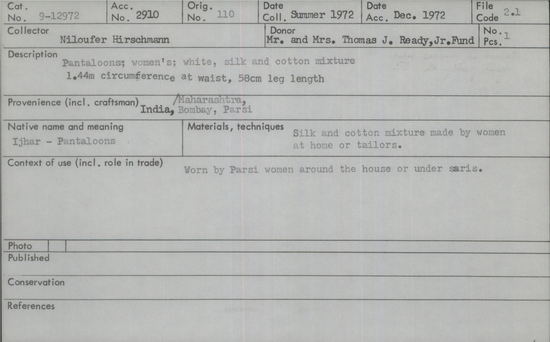Documentation associated with Hearst Museum object titled Pants, accession number 9-12972, described as Pantaloons; women’s; white, silk and cotton mixture; techniques: made by women at home or tailors.