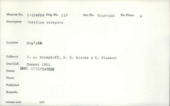 Documentation associated with Hearst Museum object titled Scrapers, accession number 1-134826, described as Obsidian scrapers.