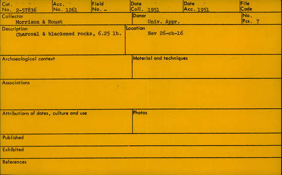 Documentation associated with Hearst Museum object titled Soil sample, accession number 2-57836, described as Charcoal and blackened rocks