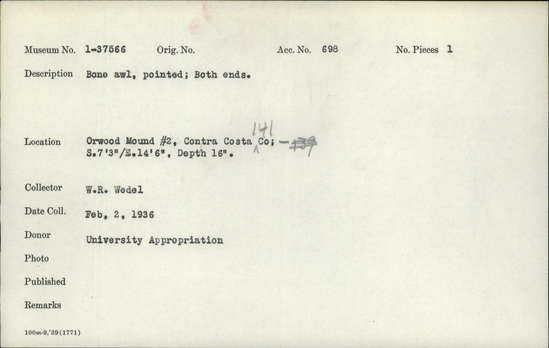 Documentation associated with Hearst Museum object titled Awl, accession number 1-37566, described as Made of bone, pointed; both ends.