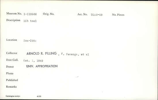 Documentation associated with Hearst Museum object titled Worked bone, accession number 1-119566, described as Made from a rib.