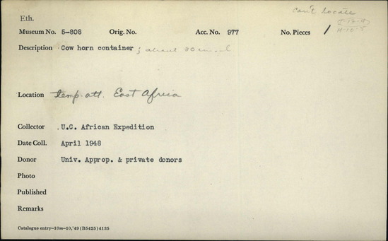 Documentation associated with Hearst Museum object titled Container, accession number 5-808, described as cattle horn container