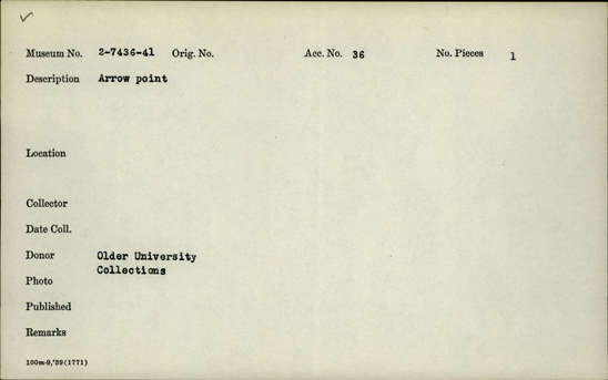 Documentation associated with Hearst Museum object titled Projectile point, accession number 2-7438, described as Arrow point.