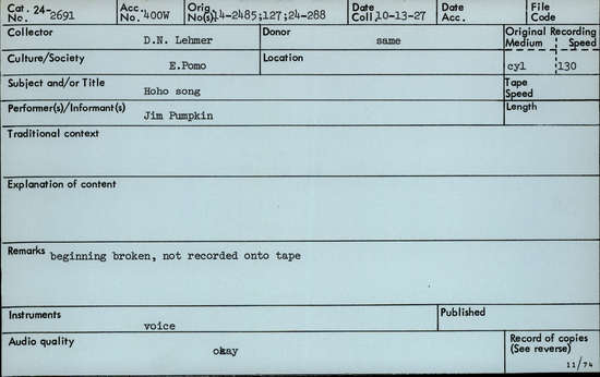 Documentation associated with Hearst Museum object titled Audio recording, accession number 24-2691, described as Hoho Dance Song